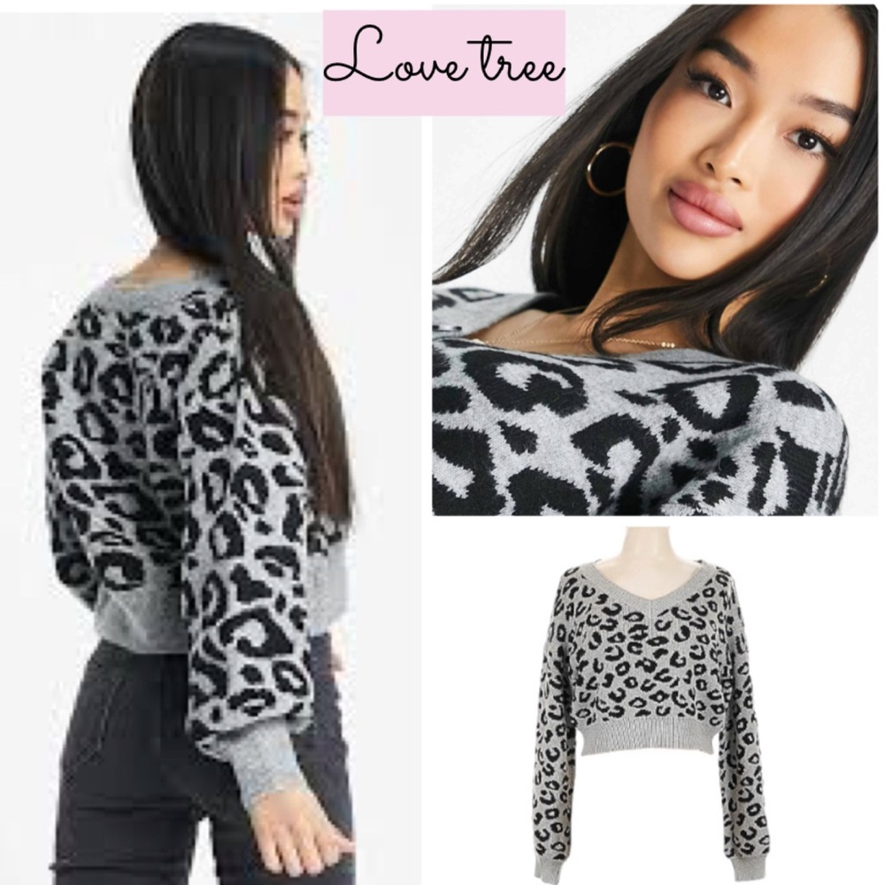 Cropped Leopard Print Sweater Cozy Soft Knit Texture Retro Gray Black Size XL